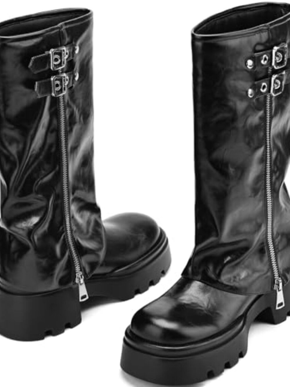 ๐ Women's Knee High Riding Boots Chunky Platform Low Heel Round Toe Moto Boots - Picture 5 of 7